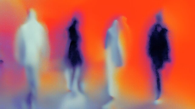 Abstract heatmap style composition featuring blurred figures walking softly, creating a vibrant and dynamic atmosphere with warm colors and smooth transitions