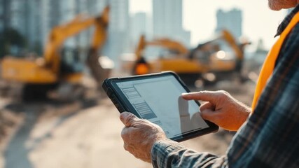Construction Site inspection: An engineer uses a tablet to inspect and manage a construction site. This image shows the blend of modern technology and traditional construction methods.