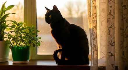 Domestic black cat with yellow eyes sitting in silhouette on a sunny windowsill with house plants in the morning light
