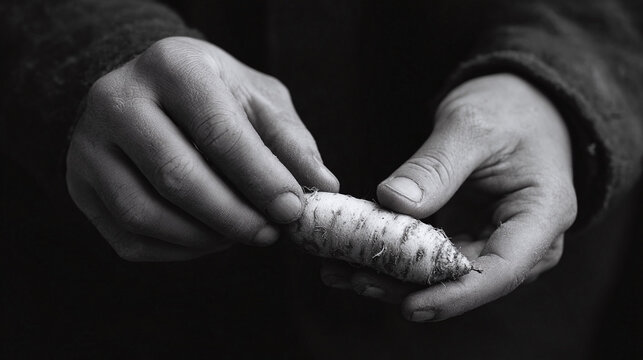 Hands delicately hold an earthy root vegetable. Monochrome, closeup evokes themes of harvest, nature, simplicity. Ideal for agricultural, food, or farming content.