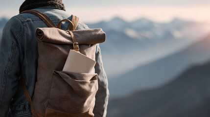 Backpacker with canvas rucksack enjoys mountain vista. Represents exploration, adventure, and personal journey. Great for travel, lifestyle, and nature themes.