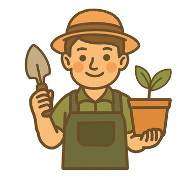 Hand draw gardener cartoon character with plant