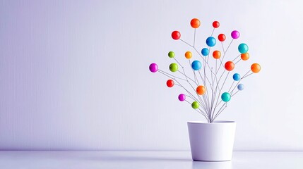 A white pot holds a whimsical arrangement of thin branches adorned with vibrant, colorful spheres.
