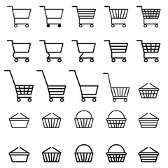 Shopping cart icons set. Shopping basket icon collection. Shopping cart line and flat icon.
