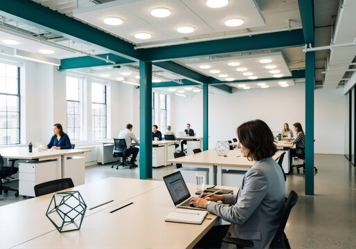 Professional woman working on a laptop in a modern open-plan office. Businesspeople in a contemporary corporate coworking space
