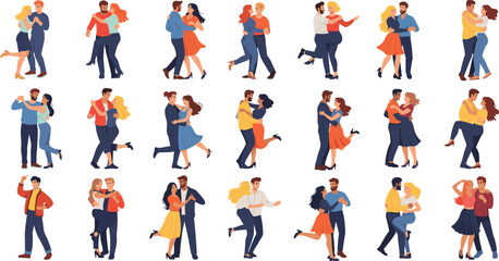 Stylized illustrations of dancing couples in various poses showcasing movement, rhythm, joy, and human connection on white background.