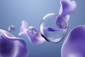 Abstract purple shapes and transparent spheres in motion