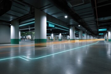 Obraz premium Modern underground parking with neon light trails in urban setting