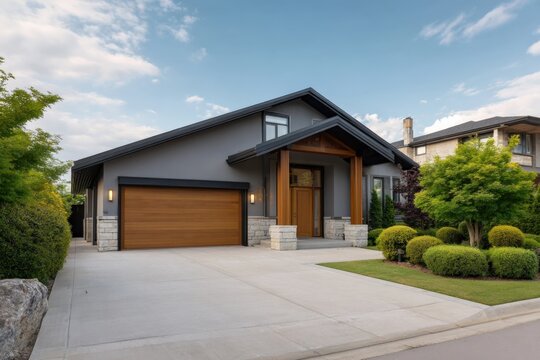 Modern suburban house with garage and manicured landscaping under blue sky