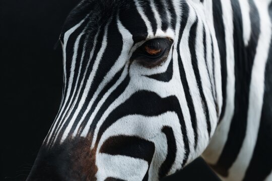 Close-up of zebra face with striking black and white stripes