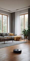 Fototapeta premium Minimalist living room with automated vacuum and large windows overlooking nature
