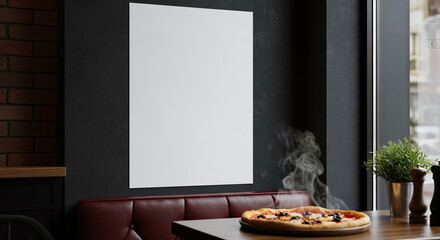 Paper poster mockup inside pizza restaurant for promotional design placement