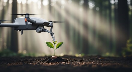 Naklejka premium Drone with robotic arm cultivating a young plant in rich soil amidst a sunny forest