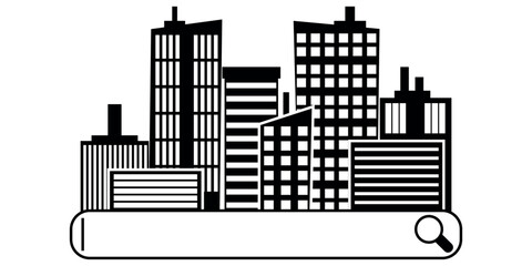 Modern city  background. Black-White silhouette.  Urban skyscrapers.  Vector Illustration for Poster, Banner, Printout, Screen.2D line object evening cityscape. Monochromatic spot illustration

