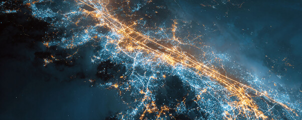 Striking aerial view of a sprawling cityscape at night, rendered in cool blues and warm golds, evoking themes of connection, energy, and the interconnectedness of modern life.