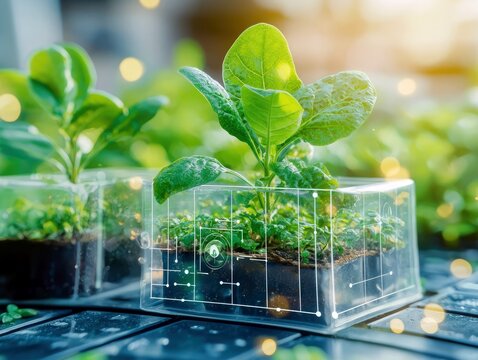 Close-up of young green plants in clear containers with a digital interface superimposed, suggesting smart agriculture or biotechnology.