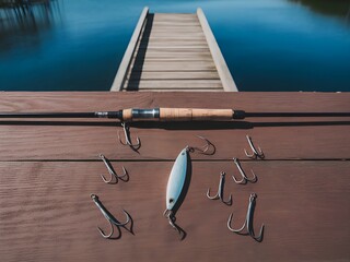 Fishing rod hooks rest on a peaceful wooden dock