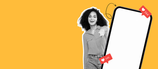 A collection of vibrant graphic elements features a joyful person pointing at a phone with notifications. The bright yellow background adds energy to the composition, showcasing a modern aesthetic.