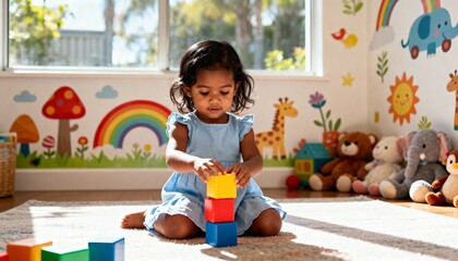 A cute toddler girl playing with colorful building blocks at home. Child learning and developing motor skills in a sunny playroom. Early childhood education concept
