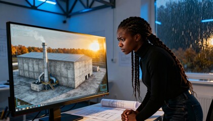 Focused black female engineer analyzing a 3D model of an industrial factory on a computer. Professional architect working late in a modern office with blueprints