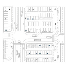 Detailed overhead view of a parking lot and intersection