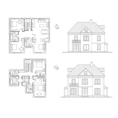 House Floor Plan and Elevation Line Art architectural drawing