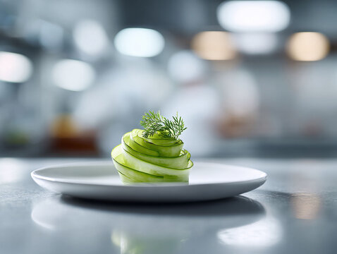 Elegant cucumber rosette on a white plate, garnished with dill. Fresh, healthy appetizer concept. Restaurant setting. Minimalist food presentation.