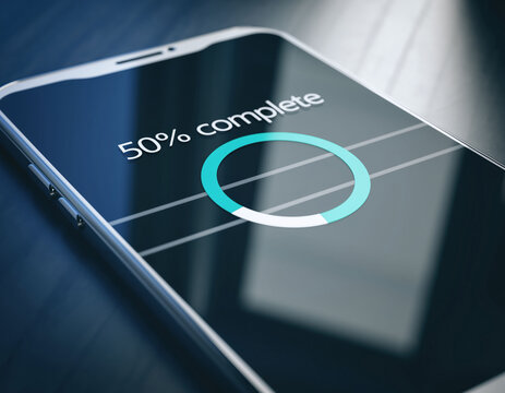 Modern phone display showing a turquoise loading ring at 50%. Represents progress, application update, or data transfer. Conceptual for technology, business, and development.