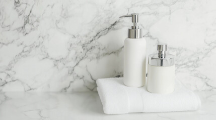 elegant bathroom set with white cosmetic bottles and towel on marble countertop