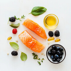 fresh salmon fillets with berries, herbs, and olive oil for healthy cooking concept
