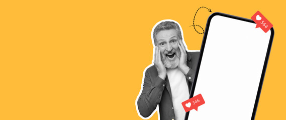 A vibrant collage features a joyful man expressing excitement. He stands beside a smartphone with numbers showing likes, illustrating social media interaction and engagement.