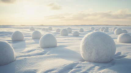 snowballs scattered across a snowy landscape under soft sunlight at winter afternoon