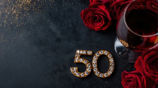 Celebrating a milestone birthday with elegant roses and a glass of wine beside sparkling number fifty