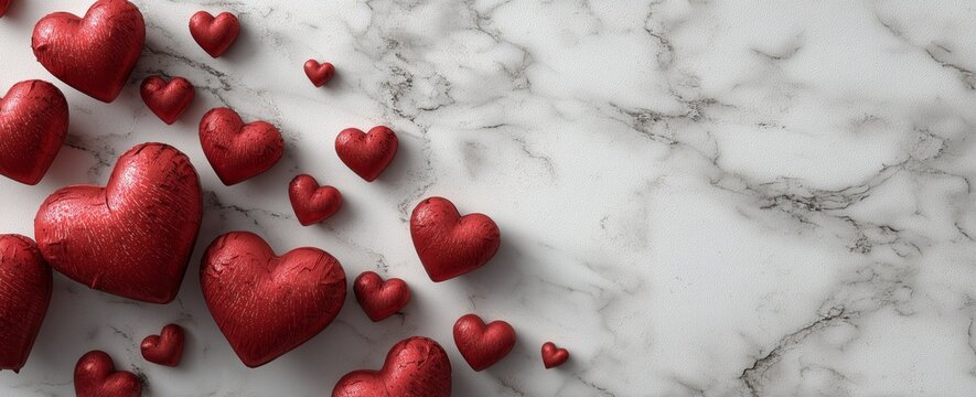 Red Hearts Scattered on a White Marble Background Create a Festive Decoration for Celebrations