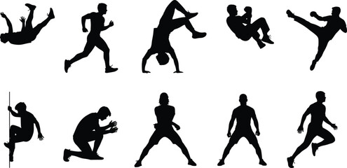 Silhouette set of dynamic athletic poses, black vector figures in motion for sports, exercise, action, and movement illustration use