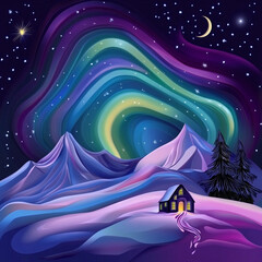 colorful northern lights over a cozy house and mountains at night with a starry sky
