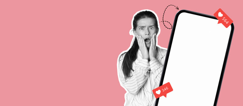 A young woman expresses surprise with wide eyes and an open mouth while looking at a blank smartphone. Bright colors enhance the collage feel, showcasing social media notifications.