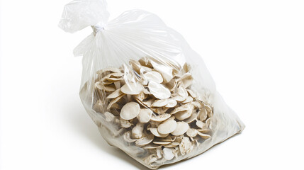 Plastic bag filled with clam shells for disposal or recycling concept

