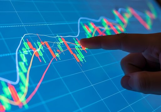 Finger points to stock market graph on a digital screen - Powered by Adobe