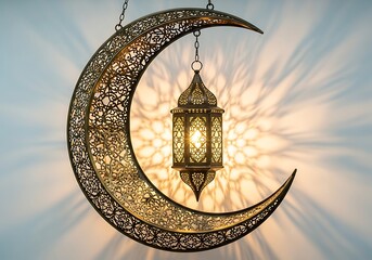 Ornate crescent moon with hanging lantern illuminates with intricate light patterns