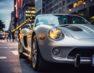 Sleek silver roadster on city street at dusk. Captures luxury, modern transportation, and urban lifestyle. Ideal for automotive ads, travel blogs, or design.