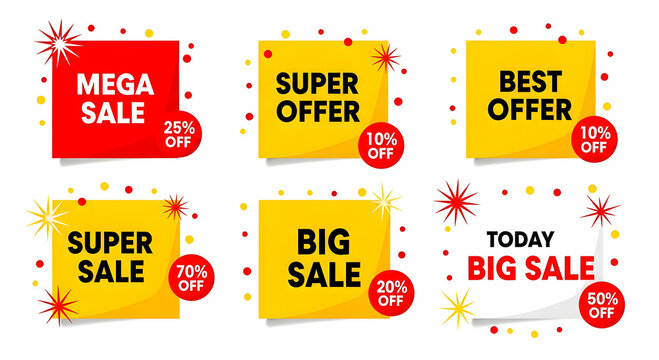 Set of six colorful discount banners for mega sale super offer best offer big sale with percentage off prices