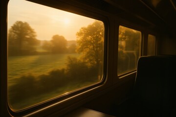 Train window sunset view
