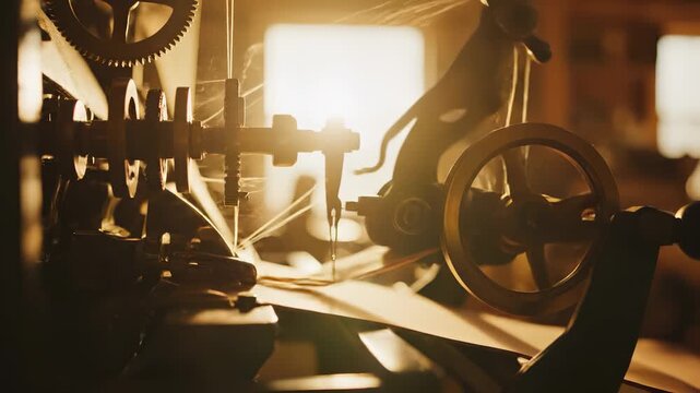 A vintage machine operates smoothly as sunlight streams through the workshop. The intricate gears and mechanisms of the machine showcase craftsmanship and the beauty of design.
