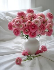 A bouquet of flowering ranunculus pink on a light background. Rich buttercup buds.A beautiful arrangement of pink ranunculus flowers in a vase. generative ai	