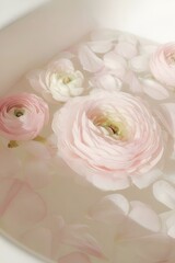 A bouquet of flowering ranunculus pink on a light background. Rich buttercup buds.A beautiful arrangement of pink ranunculus flowers in a vase. generative ai	