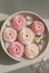 A bouquet of flowering ranunculus pink on a light background. Rich buttercup buds.A beautiful arrangement of pink ranunculus flowers in a vase. generative ai	