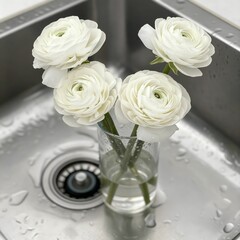 A bouquet of flowering ranunculus pink on a light background. Rich buttercup buds.A beautiful arrangement of pink ranunculus flowers in a vase. generative ai	