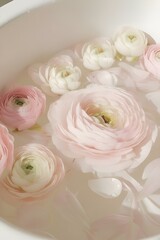 A bouquet of flowering ranunculus pink on a light background. Rich buttercup buds.A beautiful arrangement of pink ranunculus flowers in a vase. generative ai	