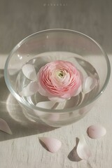 A bouquet of flowering ranunculus pink on a light background. Rich buttercup buds.A beautiful arrangement of pink ranunculus flowers in a vase. generative ai	